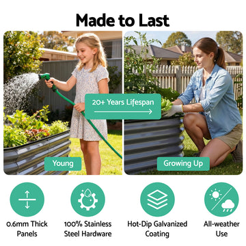 Green Fingers 4 Pcs Raised Garden Bed Kit Oval Galvanized Steel Planter Boxes 320x80x42cm, Heavy Duty Metal Elevated Garden Bed for Vegetables Flowers Herbs, with Safety Edging, Gloves & Pegs Included - 0