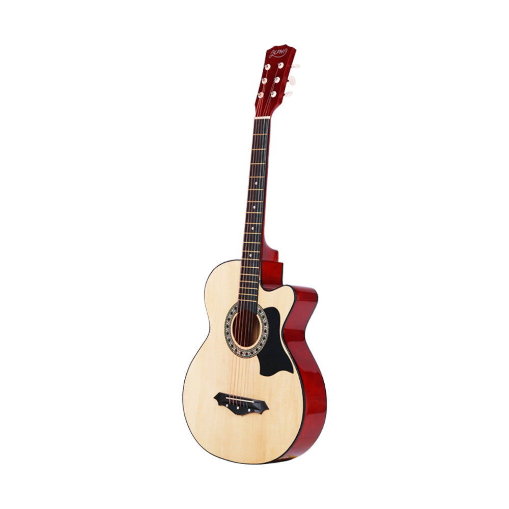 Alpha 38 Inch Acoustic Guitar Wooden Body Steel String Full Size w/ Stand Wood - 0
