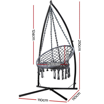Gardeon Hammock Chair with Steel Stand Macrame Outdoor Swinging Grey - 0