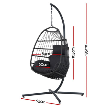 Gardeon Outdoor Egg Swing Chair Hanging Chair Wicker Rope Pod Stand Foldable Grey - 0