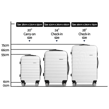 Wanderlite 3pcs Luggage Trolley Travel Suitcase Set TSA Hard Shell Case Strap White - 0