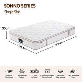 Giselle 30cm Single Spring Mattress Tencel Cover 5-Zone Firm Back Support - 0