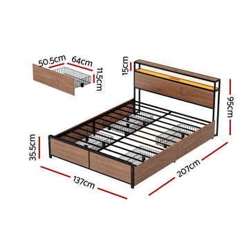 Artiss Metal Bed Frame Double Size with 2-Tier Storage Headboard Metal Platform with 4 Storage Drawers Built in Charging Station & LED Noise-Free/Metal Support/No Box Spring Needed Vintage Brown - 0