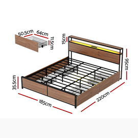 Artiss Metal Bed Frame King Size with 2-Tier Storage Headboard Metal Platform with 4 Storage Drawers Built in Charging Station & LED Noise-Free/Metal Support/No Box Spring Needed Vintage Brown - 0