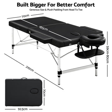 Zenses Massage Table 70cm 2 Fold Aluminium Massage Bed Portable Beauty Therapy Black - 0