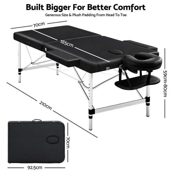 Zenses Massage Table 70cm 2 Fold Aluminium Massage Bed Portable Beauty Therapy Black