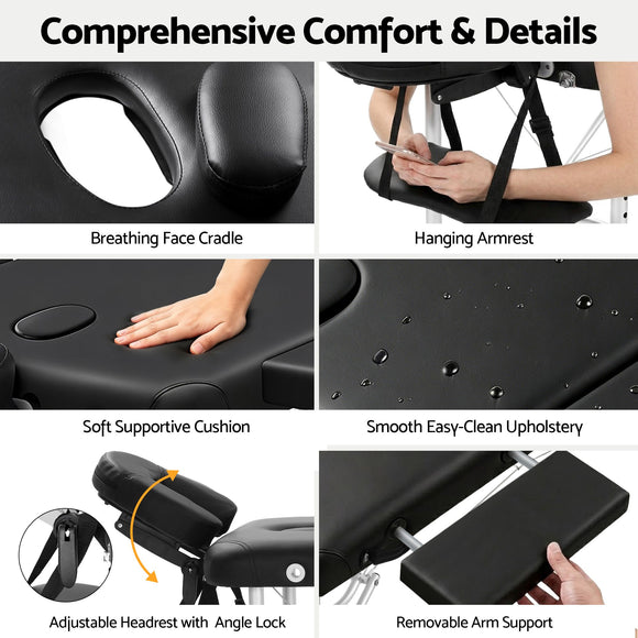 Zenses Massage Table 70cm 2 Fold Aluminium Massage Bed Portable Beauty Therapy Black