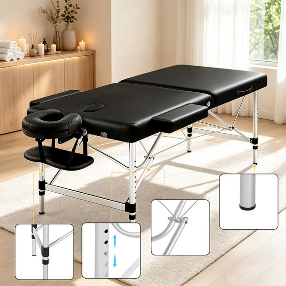 Zenses Massage Table 75cm 2 Fold Aluminium Massage Bed Portable Beauty Therapy Black