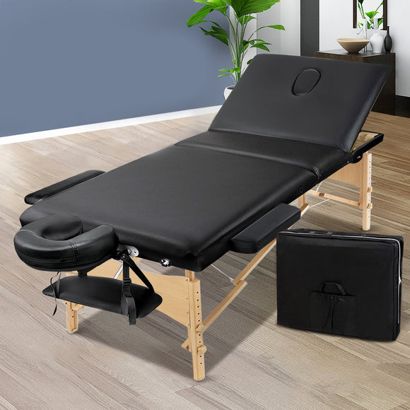 Zenses Massage Table 75cm 3 Fold Wooden Portable Beauty Therapy Bed Waxing Black