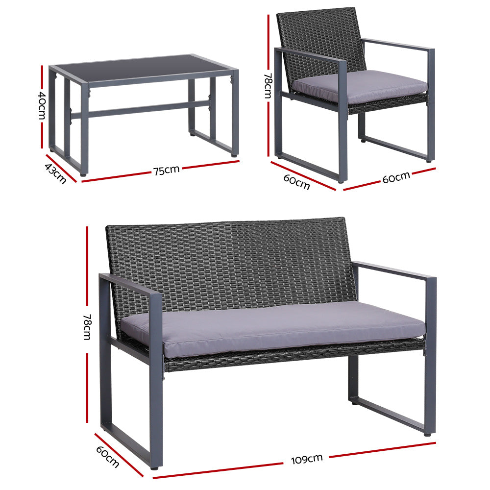 Gardeon 4 PCS Outdoor Sofa Set Rattan Furniture Glass Top Table Chairs Black - 0