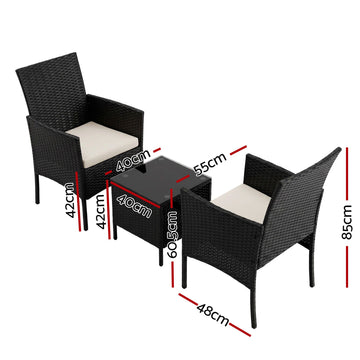 Gardeon 3PC Outdoor Bistro Set Patio Furniture Wicker Setting Chairs Table Cushion Black - 0