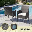 Gardeon 3PC Outdoor Bistro Set Patio Furniture Wicker Setting Chairs Table Cushion Grey-5