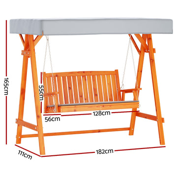 Gardeon Outdoor Wooden Swing Chair Garden Bench Canopy Cushion 3 Seater Teak - 0