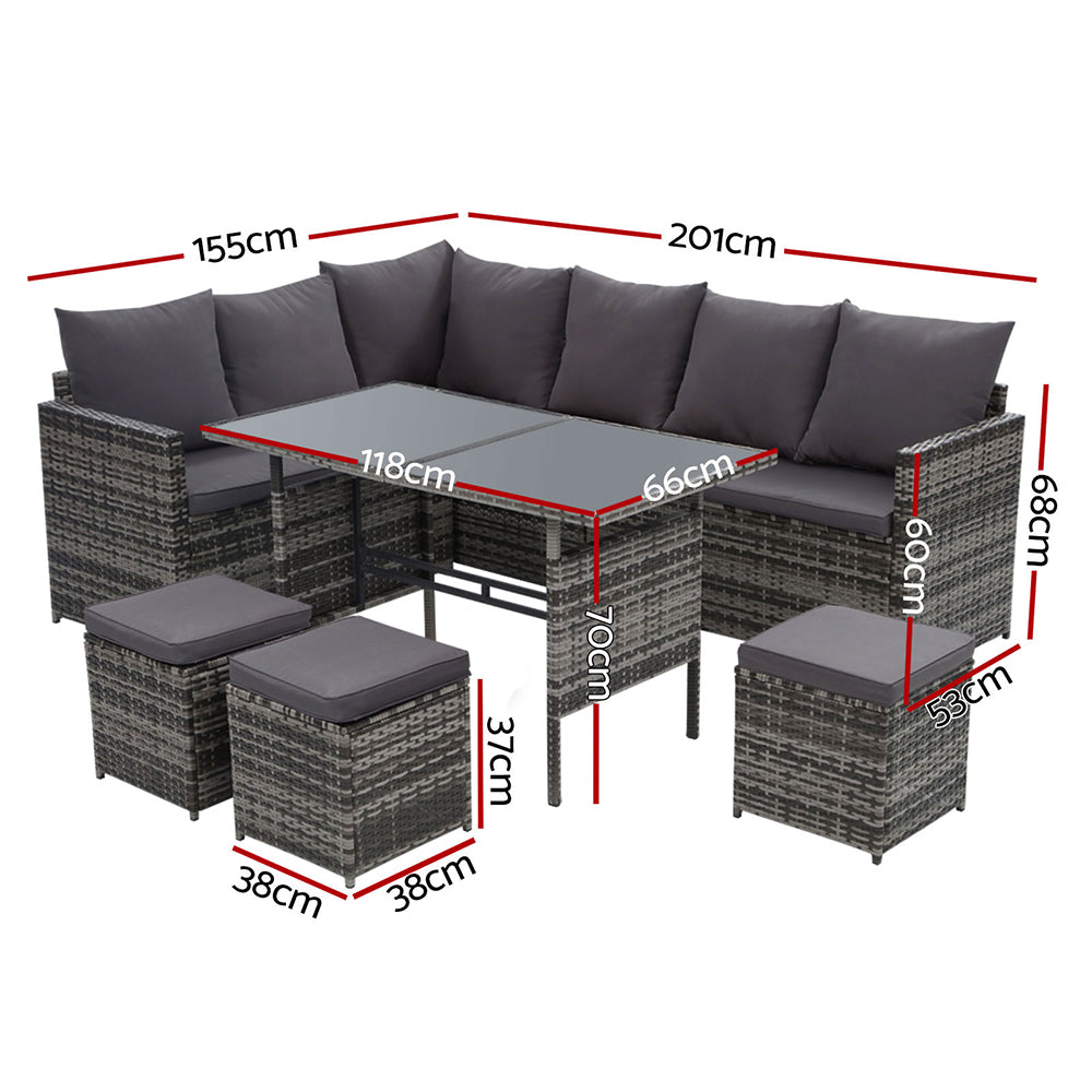 Gardeon Outdoor Dining Set Sofa Lounge Setting Chairs Table Ottoman Grey Cover - 0