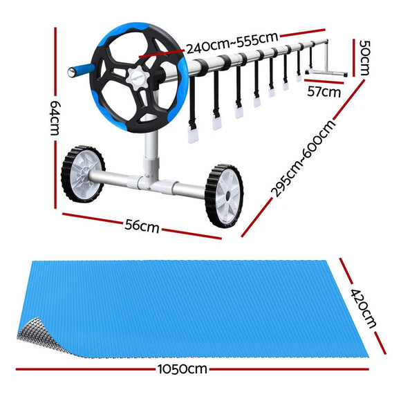 Aquabuddy Pool Cover 500 Micron 10.5x4.2m Silver Swimming Pool Solar Blanket 5.5m Blue Roller