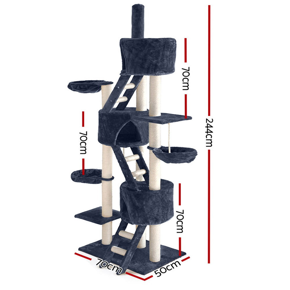 i.Pet Cat Tree 244cm Tower Scratching Post Scratcher Trees Condo House Grey - 0