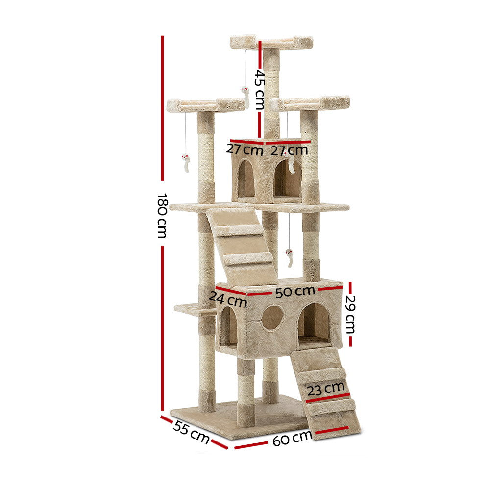 i.Pet Cat Tree 180cm Tower Scratching Post Scratcher Wood Condo House Toys Beige - 0