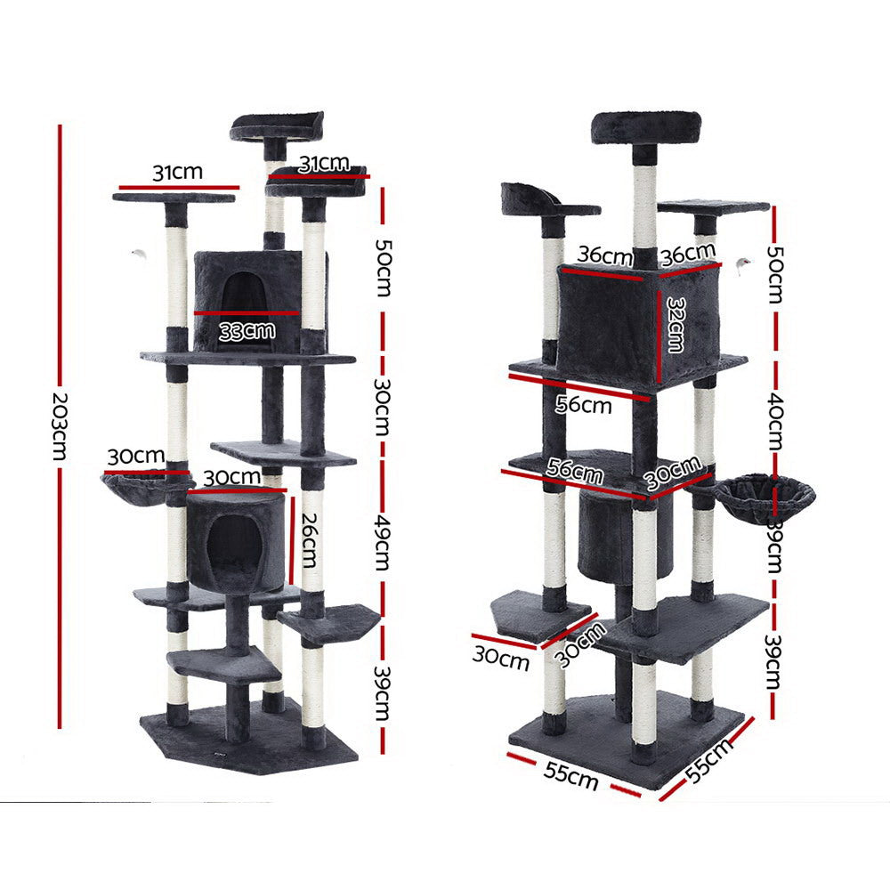 i.Pet Cat Tree 203cm Tower Scratching Post Scratcher Condo Trees House Bed Grey - 0