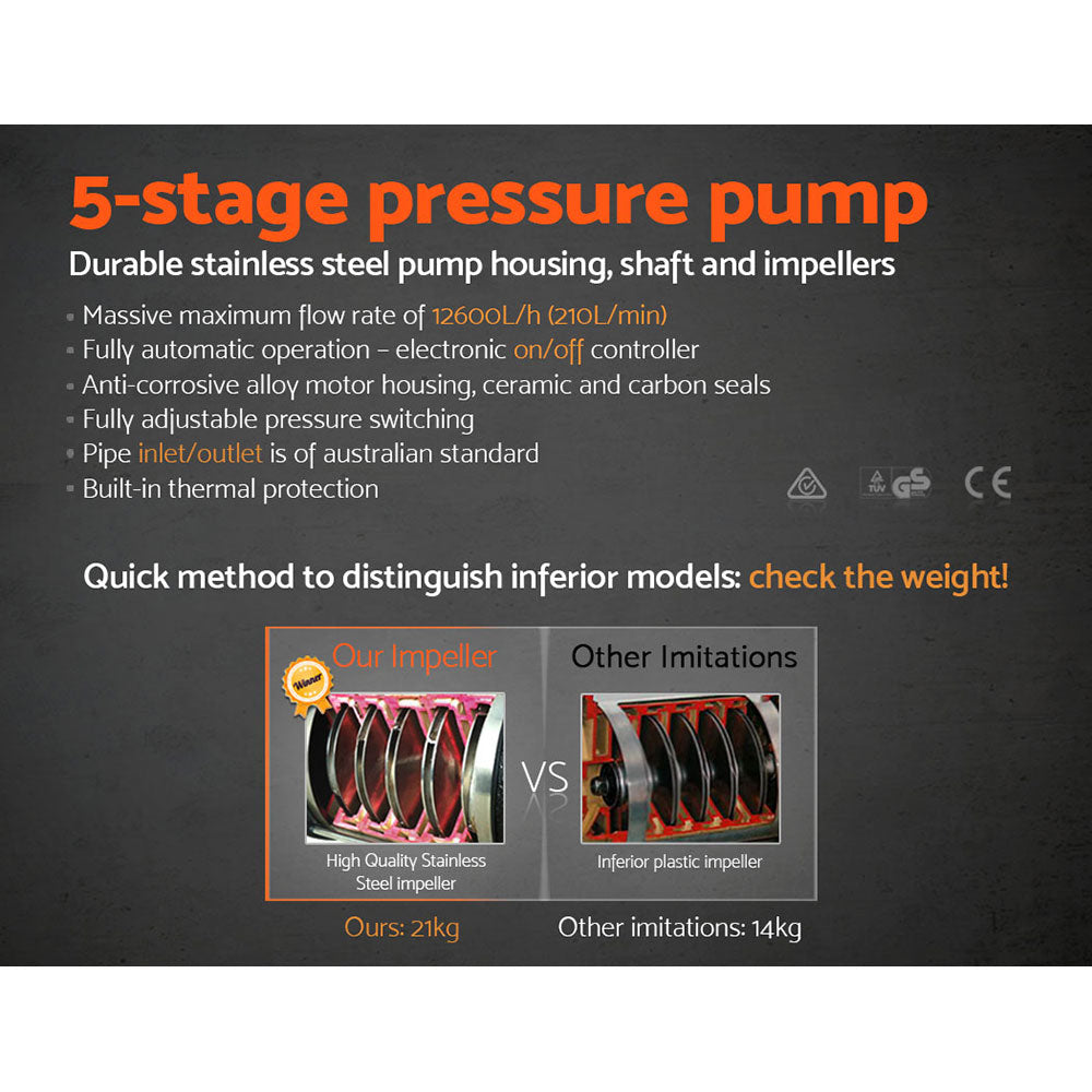 Giantz Garden Water Pump High Pressure 1800W 5-Stage Tank Irrigation Black - 0