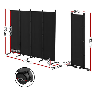 Artiss 4 Panel Room Divider Screen 217cm Wheel Fabric Black - 0
