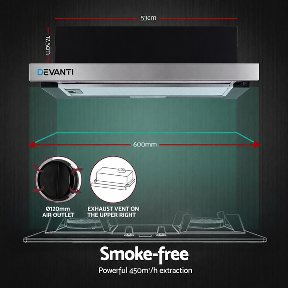 Devanti 600mm Range Hood 60cm Slide out Rangehood Stainless Steel