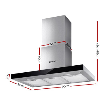 Devanti 900mm Range Hood 90cm Rangehood Glass Stainless Steel - 0