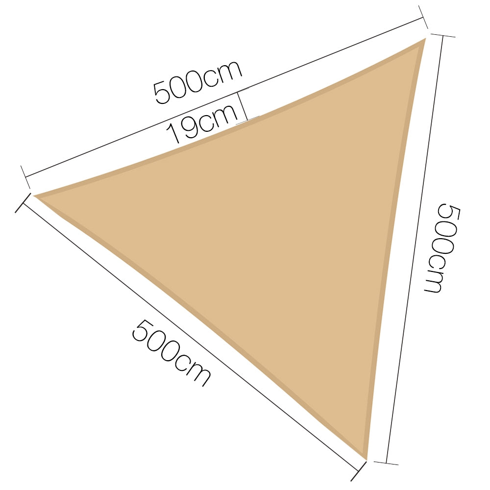 Instahut Shade Sail 5x5x5m Triangle 185GSM 95% Sand Shade Cloth - 0