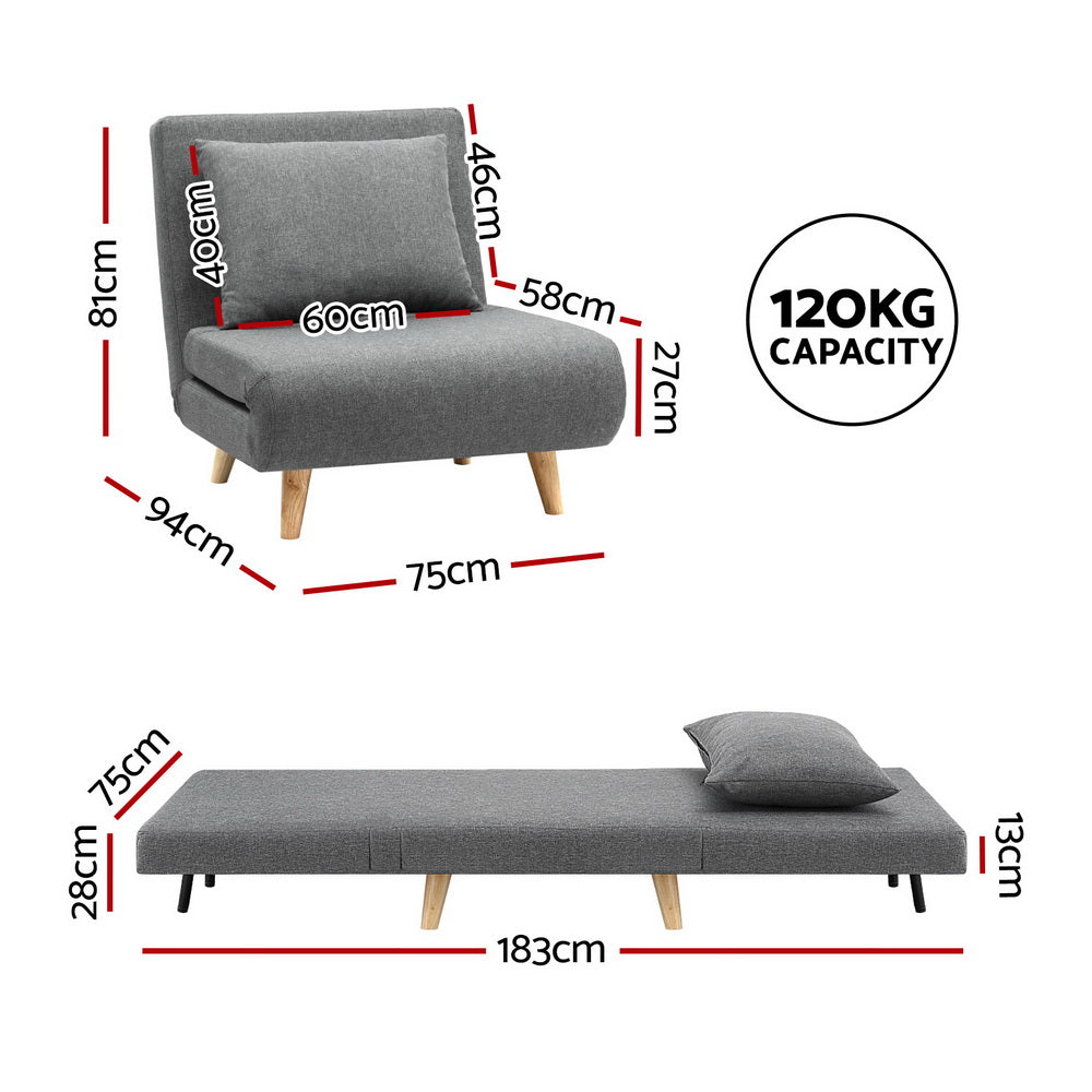 Artiss Sofa Bed Convertible Couch Recliner Lounge Chair Linen Grey - 0