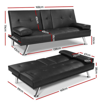 Artiss Sofa Bed 168CM Black PU Leather - 0