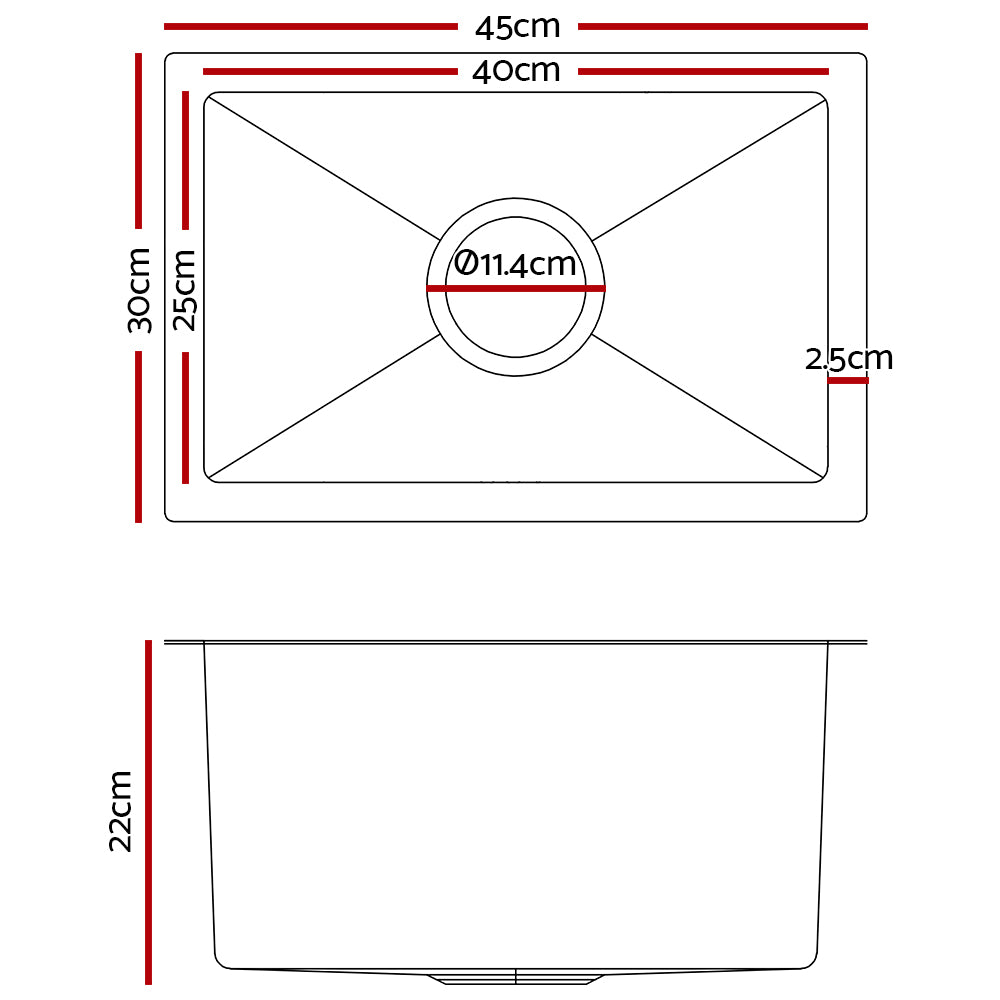Cefito Kitchen Sink 45X30CM Stainless Steel Basin Single Bowl Silver - 0