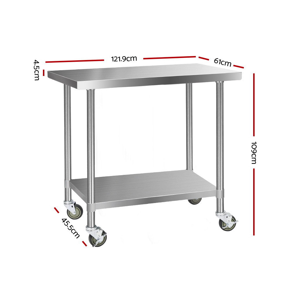 Cefito 304 Stainless Steel Kitchen Benches Work Bench Food Prep Table with Wheels 1219MM x 610MM - 0