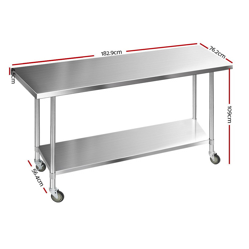 Cefito 1829 x 762mm Commercial Stainless Steel Kitchen Bench with 4pcs Castor Wheels - 0