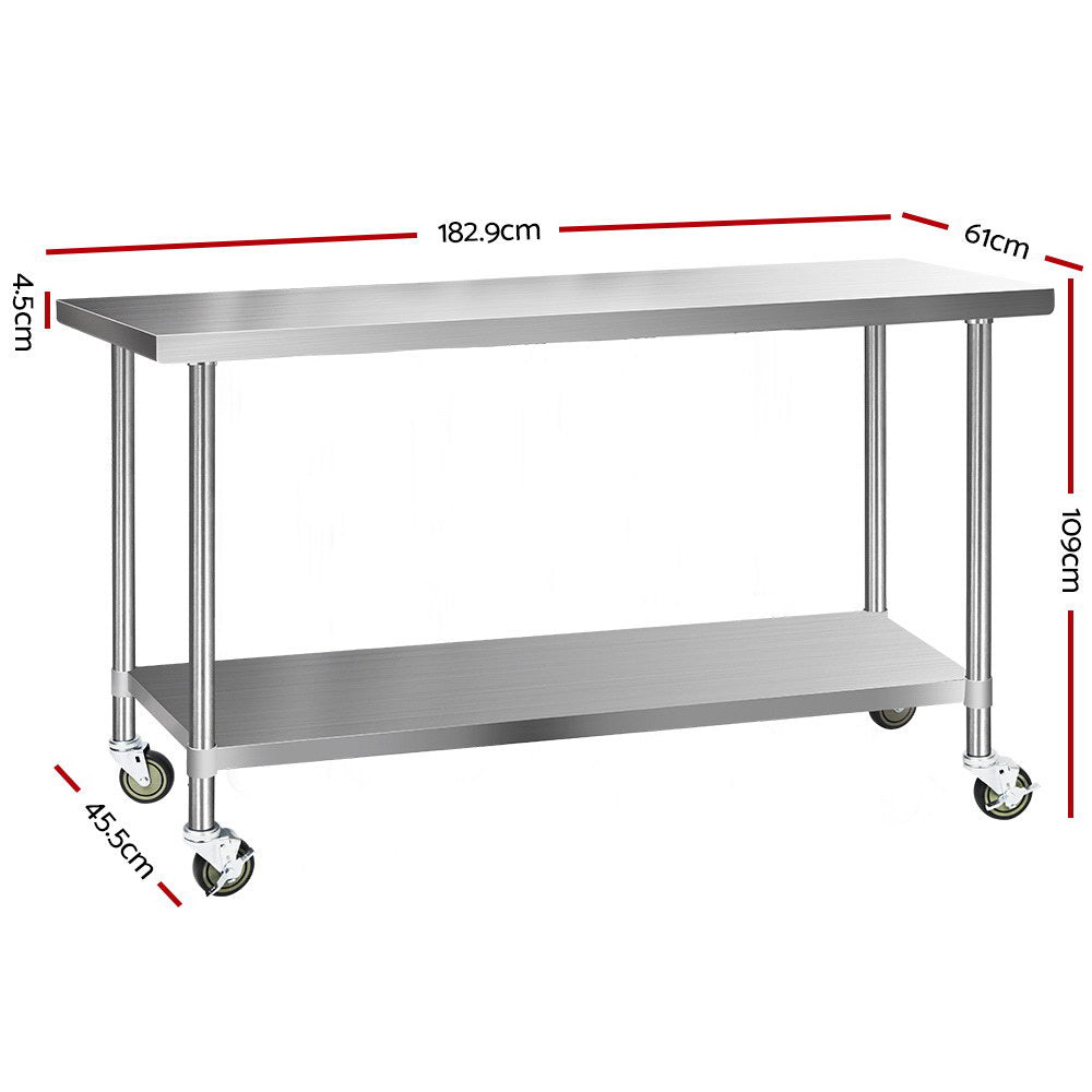 Cefito 430 Stainless Steel Kitchen Benches Work Bench Food Prep Table with Wheels 1829MM x 610MM - 0