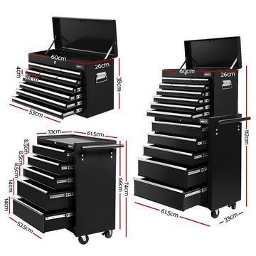 Giantz 15 Drawers Tool Chest Trolley Toolbox 2-in-1 Storage Black - 0