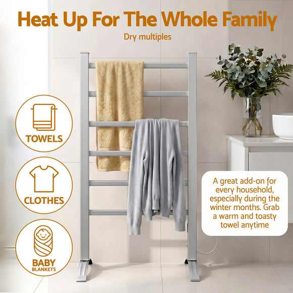 Devanti Electric Heated Towel Rail Rack 6 Bars Freestanding Clothes Dry Warmer
