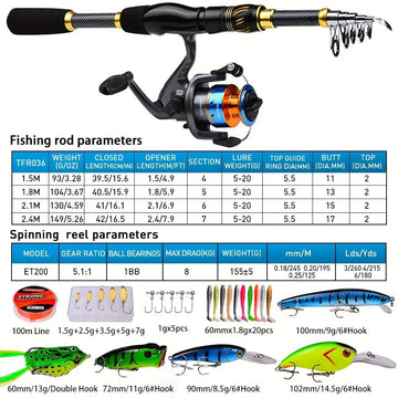 Proberus fishing rod reel set, including spinning reel, 1.8-meter fishing rod, fishing line, artificial bait, lead weight hook, complete set with storage bag - 0