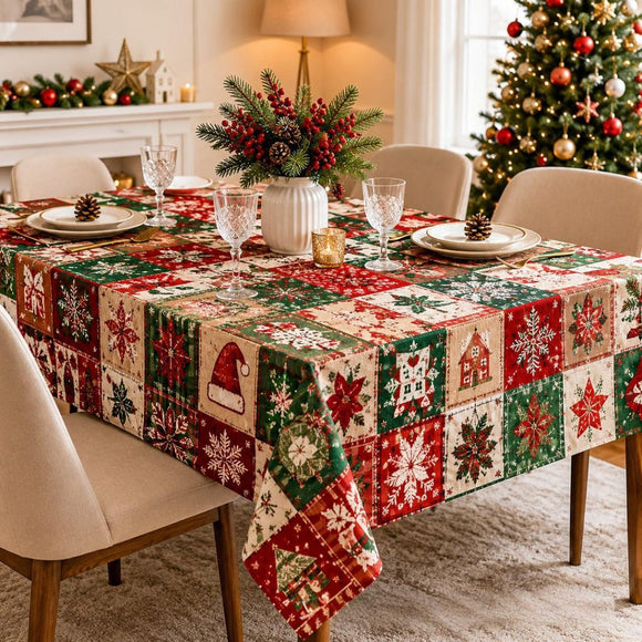 Christmas Patchwork Snowman Rectangle Table Cloth Polyester holiday Xmas Winter tablecloth Machine Washable Table Cover Stain Wrinkle Resistant Dining Party Kitchen Decor - F - Size 90x140cm
