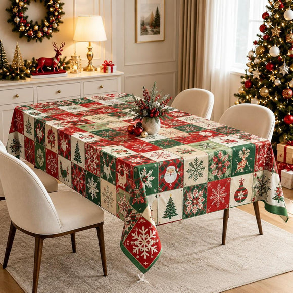Christmas Patchwork Snowman Rectangle Table Cloth Polyester holiday Xmas Winter tablecloth Machine Washable Table Cover Stain Wrinkle Resistant Dining Party Kitchen Decor - F - Size 90x140cm