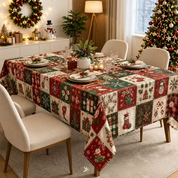 Christmas Patchwork Snowman Rectangle Table Cloth Polyester holiday Xmas Winter tablecloth Machine Washable Table Cover Stain Wrinkle Resistant Dining Party Kitchen Decor - H - Size 90x140cm