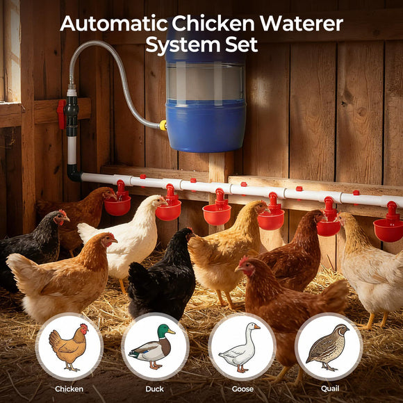 57 Pcs Automatic Chicken Waterer System Set, Chicken Watering Kit with 8 Water Cups & Float Valve, Poultry Water System for Chickens, Ducks & Quail – Bucket Not Included(red)