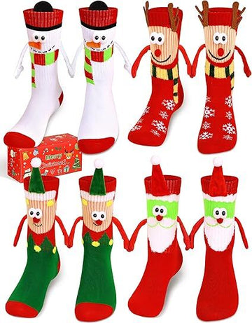 4 Pairs Christmas Socks, Crazy Holiday Hand Holding Socks Funny Christmas Stocking Stuffers