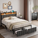 Queen Bed Frame with 2 Storage Drawers and LED Lights Headboard, Upholstered Bed Frame with Charging Station, No Box Spring Needed, Easy Assembly - Grey-1