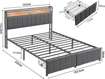 Queen Bed Frame with 2 Storage Drawers and LED Lights Headboard, Upholstered Bed Frame with Charging Station, No Box Spring Needed, Easy Assembly - Grey - 0