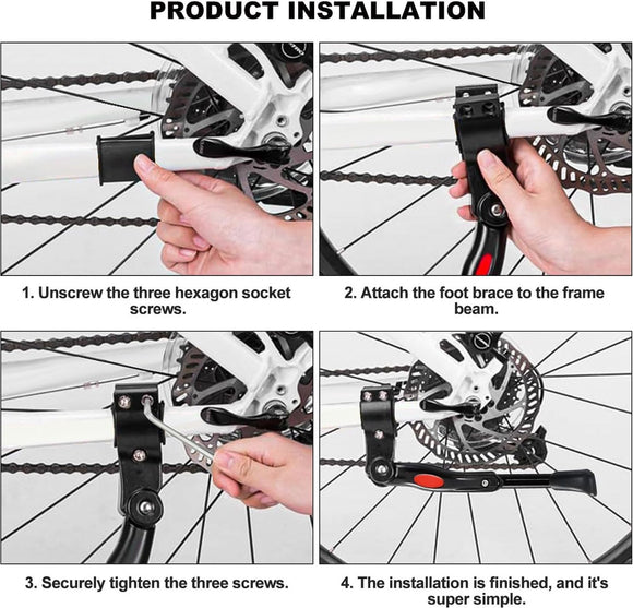Single Adjustable Bicycle Kickstand - Suitable for 22'' to 17'' - Single Bicycle Stand - Side Stand - Aluminum Stainless Steel - Sturdy Wide Base - Easy to Install - Universal - Black - Bicycle, E-Bike, City Bike & Mountain Bike - With Hex Wrench