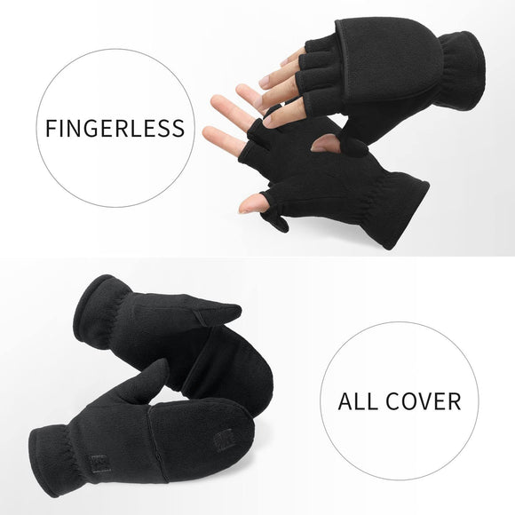 Half finger flip gloves Thermal Winter Gloves: Windproof 2 in 1 Convertible Mittens for Men & Women (Black S)