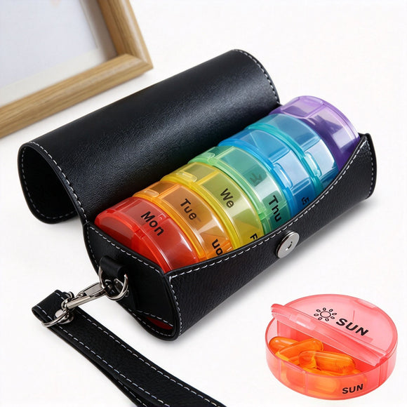 Round Portable Pill Organizer Black PU Leather Large Capacity Medicine Storage Box, Weekly Travel Medication Case Halloween Christmas Gift