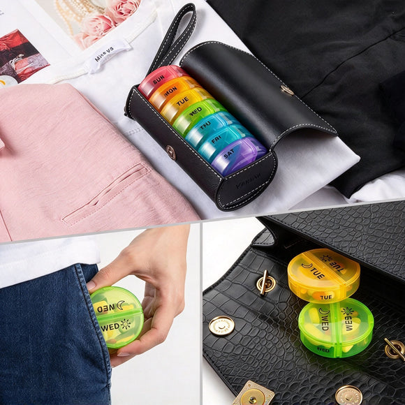Round Portable Pill Organizer Black PU Leather Large Capacity Medicine Storage Box, Weekly Travel Medication Case Halloween Christmas Gift