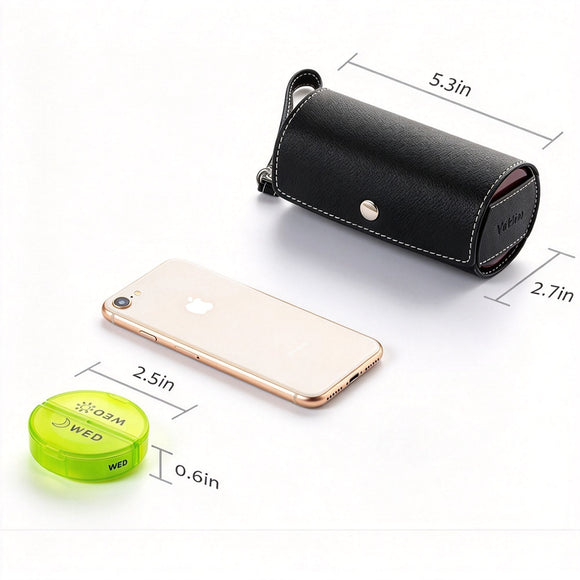 Round Portable Pill Organizer Black PU Leather Large Capacity Medicine Storage Box, Weekly Travel Medication Case Halloween Christmas Gift