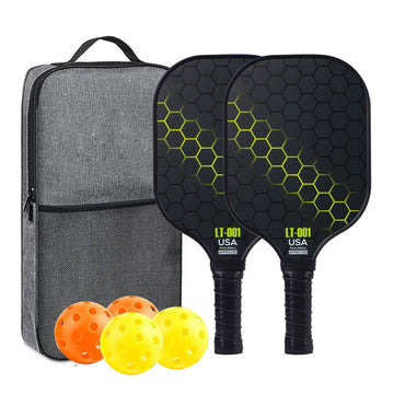 Yellow Pickleball Set With 2 Paddles-4 Balls And Gray Carrying Bag