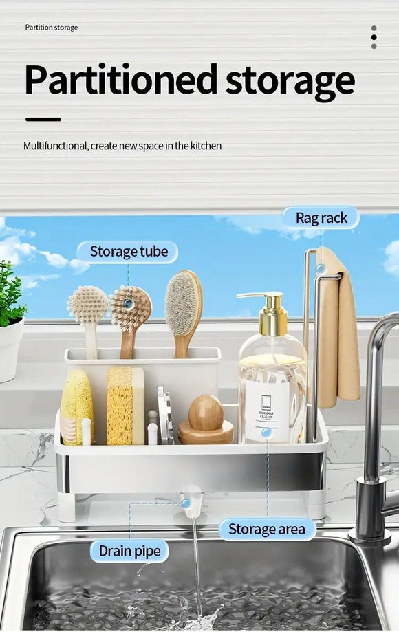 No Drill 360° Rotating Drain Sponge Holder with Tray Kitchen Sink Organizer(GREY)